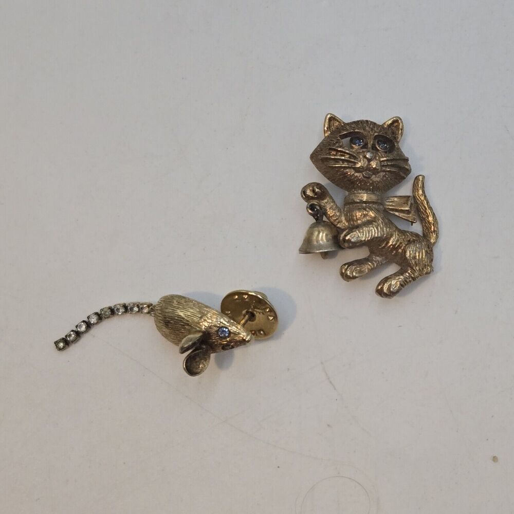 Vintage Avon Cat with Bell and Articulated Mouse Pins Scatter Set Of 2 Gold Tone